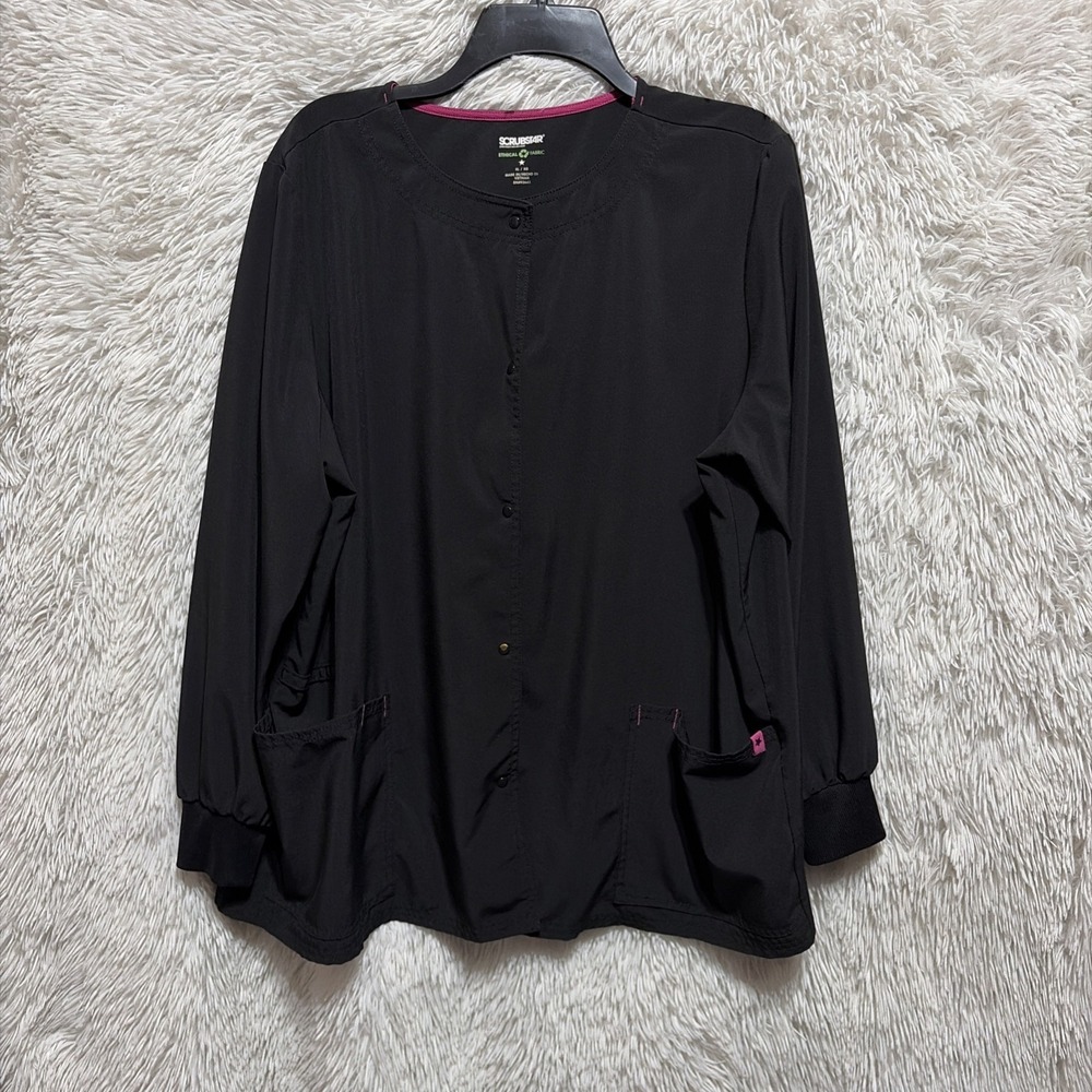 Scrubstar Top Womens XL Black Snap Button Long Sleeve Nursing Healthcare Pockets